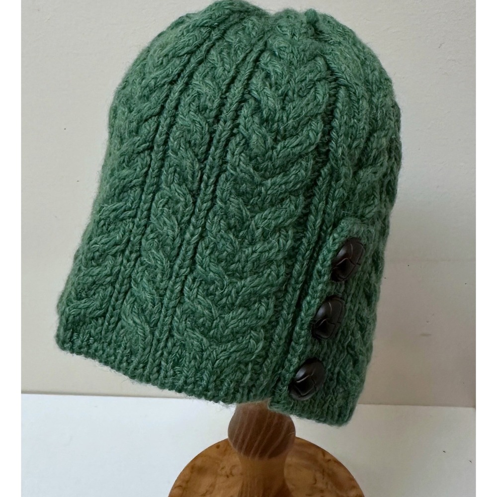 Aran Sweater Market Green 100% Merino Wool Cable Knit Button Beanie Ireland